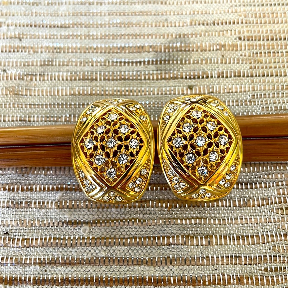 Gold and sparkly clip earrings - 1 1/4” l x 3/4” w